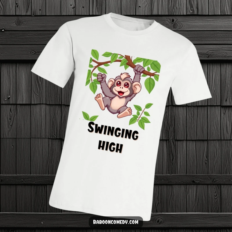 Funny kawaii baboon t-shirt showing a primate joyfully swinging from a vine with an expression of pure exhilaration.