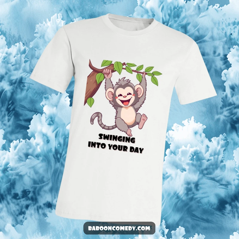 Funny kawaii baboon t-shirt, a grinning primate joyfully swinging from a thick jungle vine, embodying pure, unadulterated primate fun.
