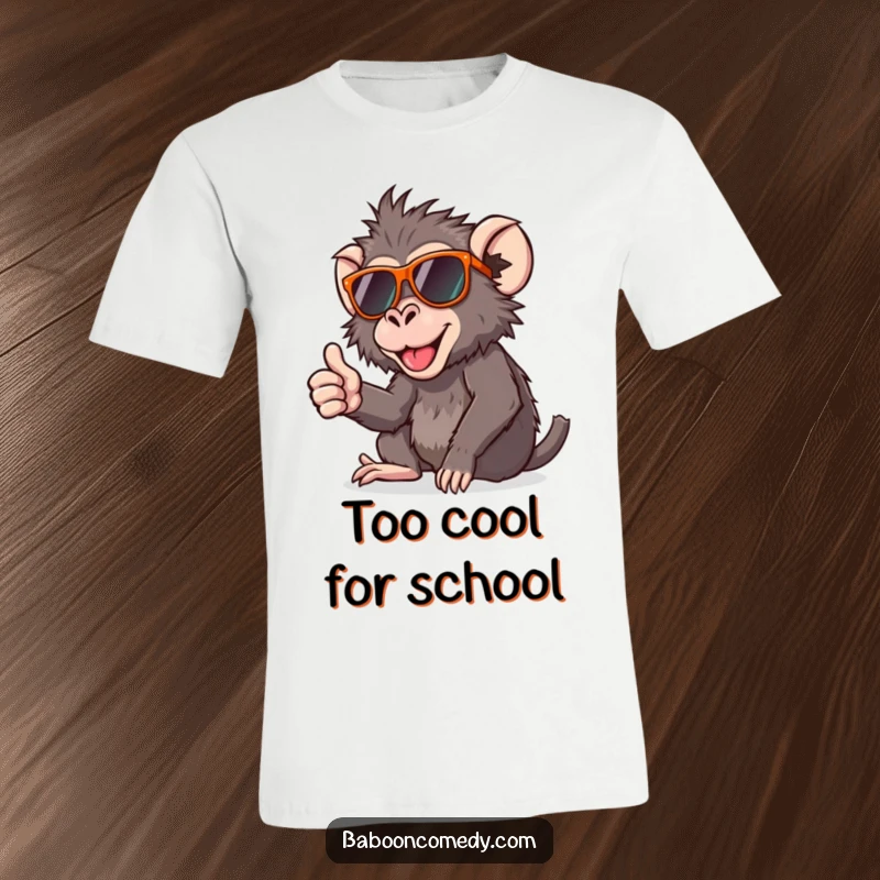 Funny t-shirt with a graphic of a cool baboon wearing sunglasses and giving a confident thumbs up.