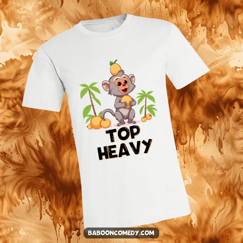 Funny kawaii baboon t-shirt image of a primate trying to balance a tower of coconuts on its head, looking unsteady.
