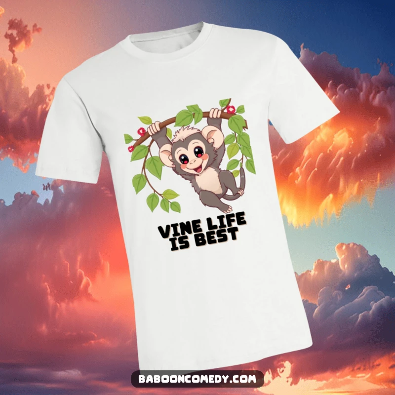 Funny T-Shirt: Adorable kawaii baboon with wide eyes, joyfully swinging from a vine, radiating pure, unadulterated fun.