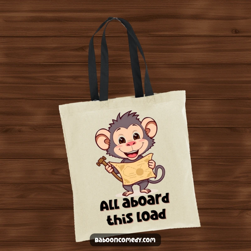 Funny baboon tote bag showcasing a treasure map theme and a happy explorer, perfect for carrying adventure gear, a useful funny gift.