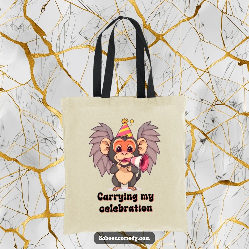 Funny baboon tote bag featuring a party scene and noisemaker excitement, an ideal funny gift accessory.
