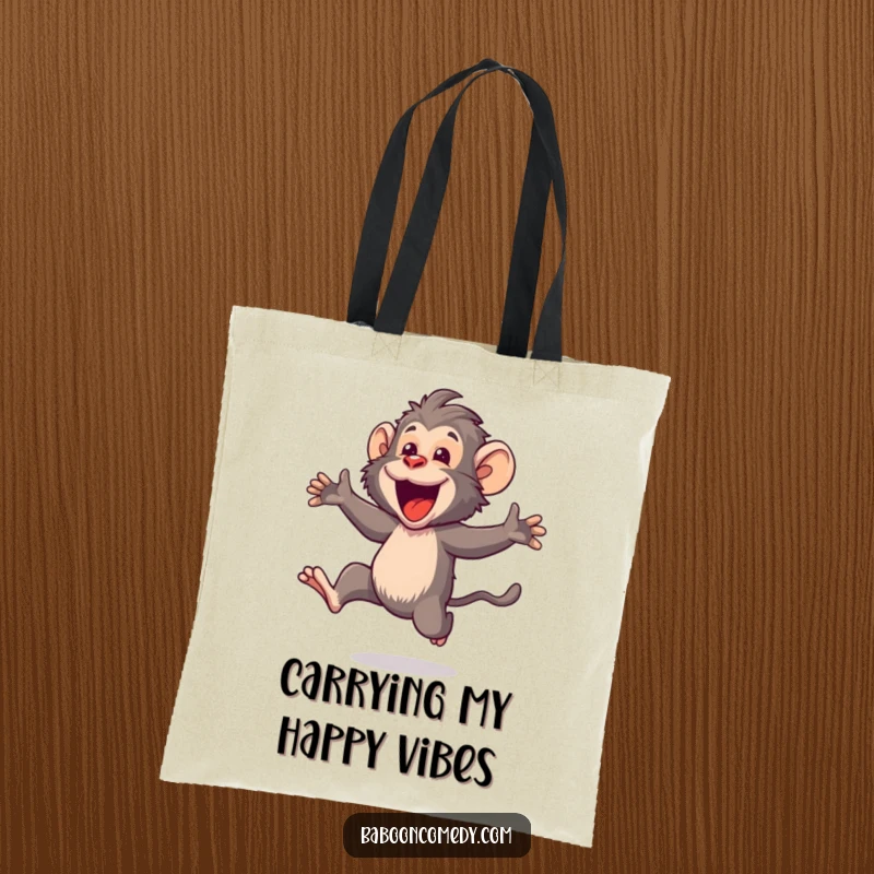 Funny Kawaii baboon tote bag, artfully designed with a happy primate leaping exuberantly with an open, smiling mouth.