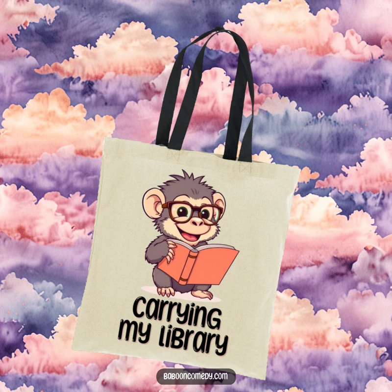 Funny tote bag featuring a giggling baboon in oversized glasses reading a big book, a stylish and humorous accessory for book lovers.