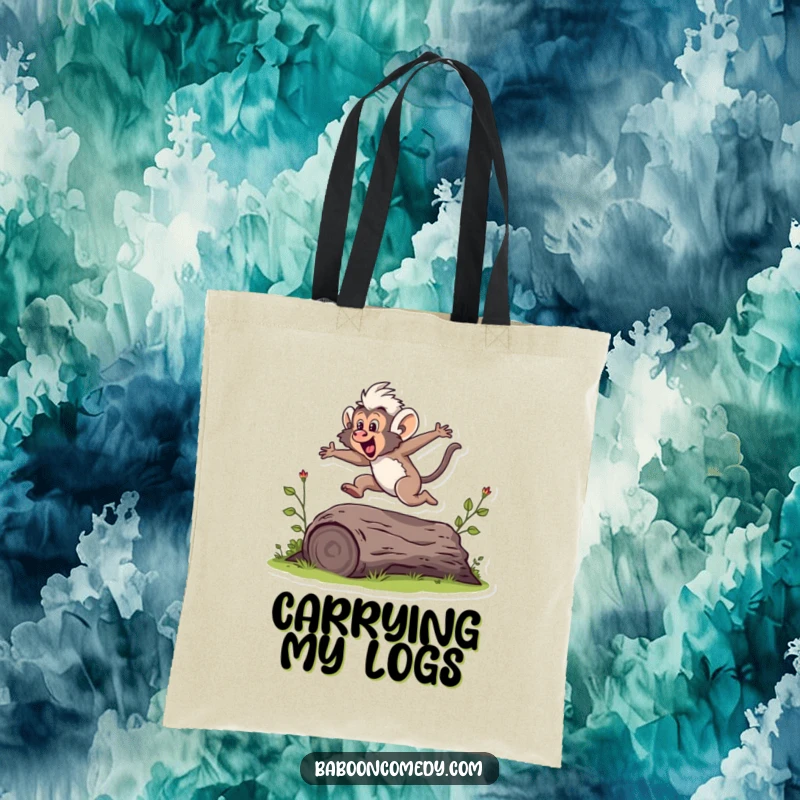 Funny tote bag showing a baboon leaping energetically over a small log, conveying a sense of movement and power.