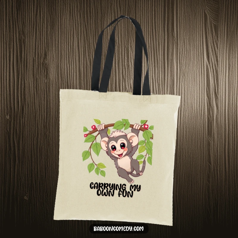 Funny Tote Bag: Charming kawaii baboon with wide eyes, swinging from a vine, perfect for carrying adventure and essentials.