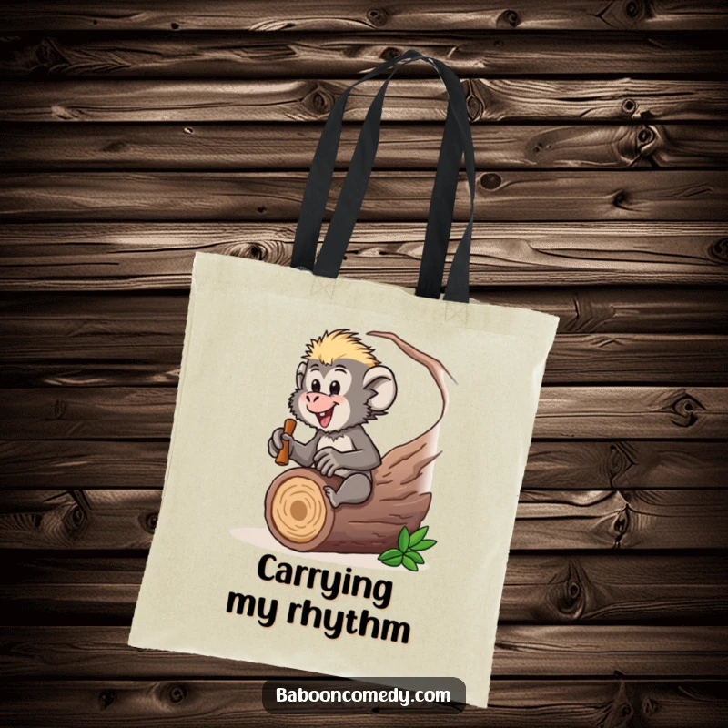Funny baboon tote bag featuring a drumming character, perfect for carrying music gear or daily items, a useful funny gift.
