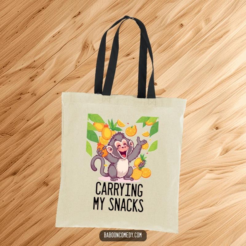 Funny kawaii baboon tote bag, juggling colorful tropical fruits with a gleeful smile, a vibrant and funny accessory.