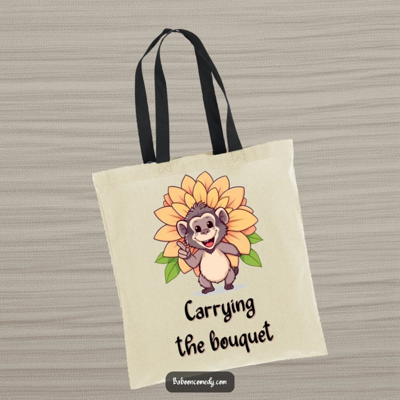 Funny tote bag featuring a happy baboon pointing proudly at a giant, blooming flower, perfect for carrying nature's bounty.