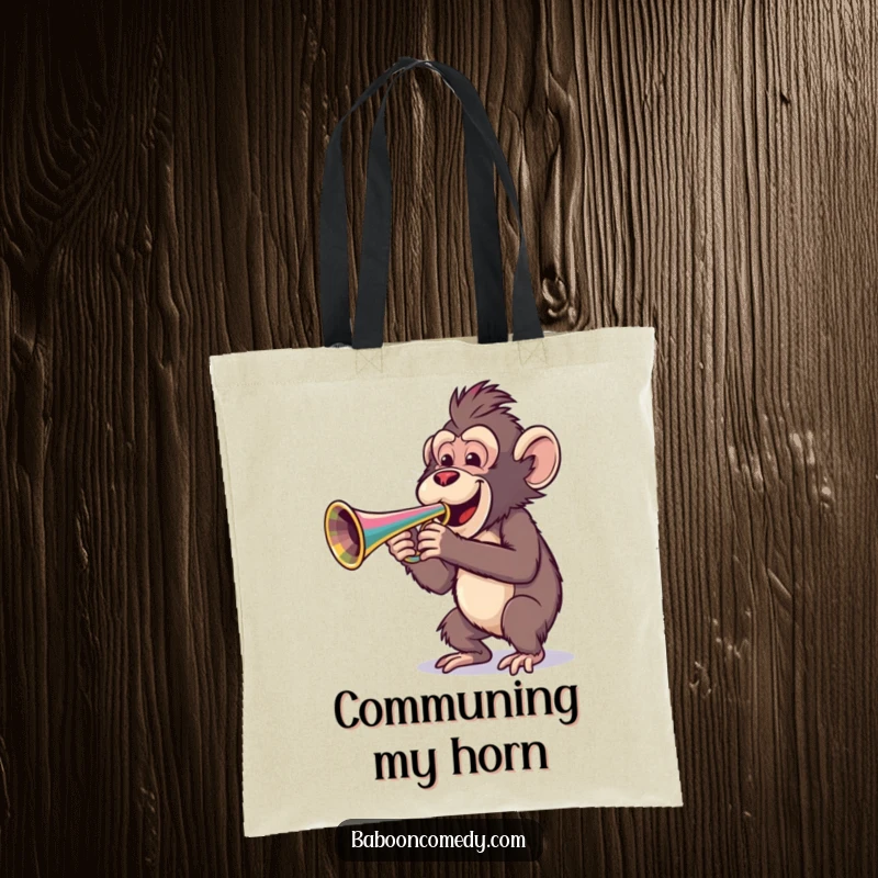 Funny tote bag illustration of a cheerful baboon enthusiastically playing a vibrant trumpet, perfect for carrying smiles.