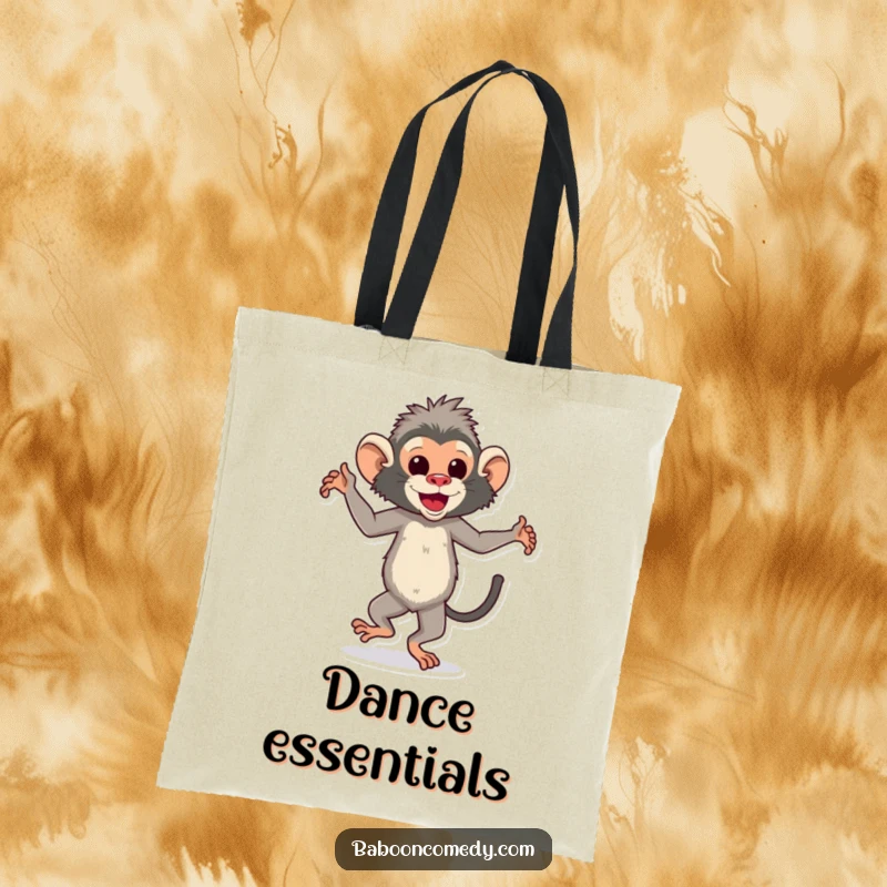 Funny baboon tote bag featuring a cheerful ape dancing rhythmically, perfect for carrying your music and daily essentials.