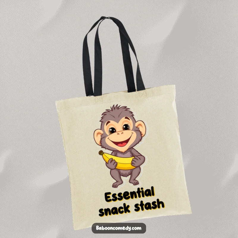 Funny baboon character with a mischievous grin and a banana on a sturdy tote bag. Excellent for shoppers and snack enthusiasts.