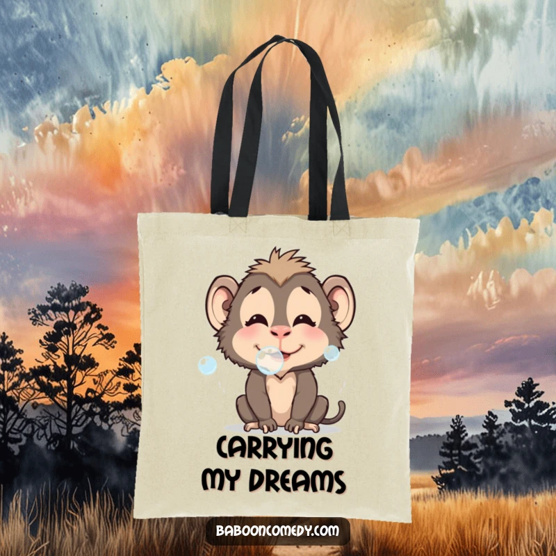 Funny baboon tote bag with a playful bubble-blowing character, perfect for carrying everyday items with joy, a cute funny gift.