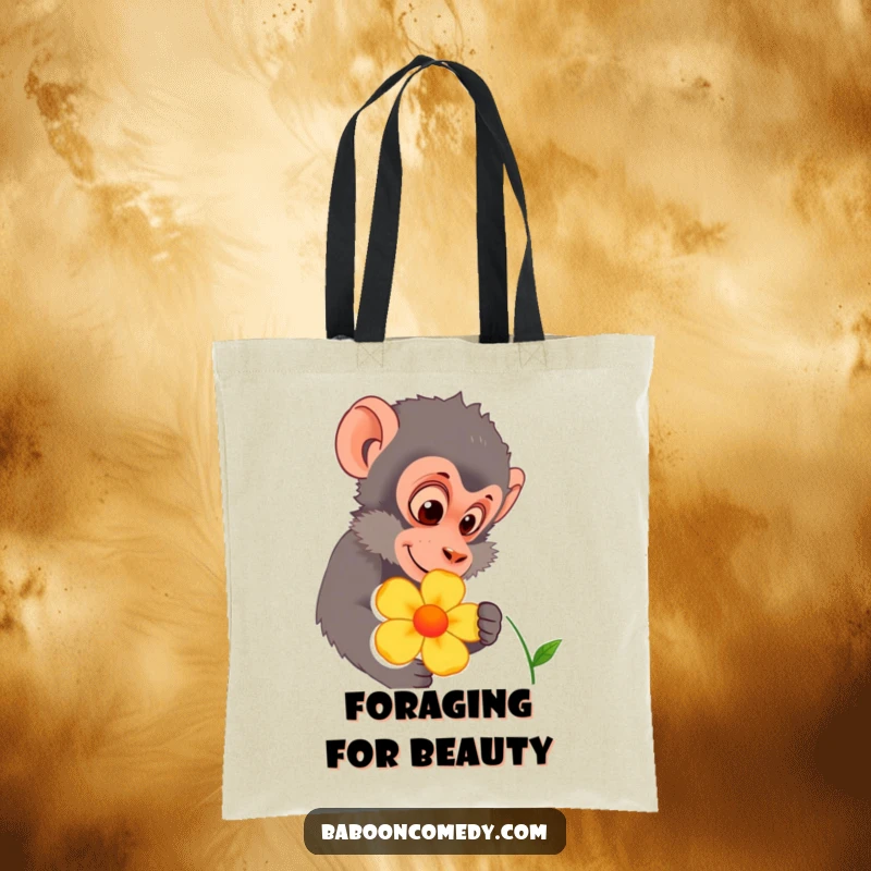 Funny baboon character curiously inspecting a colorful flower on a durable tote bag. Excellent for carrying groceries and nature finds.