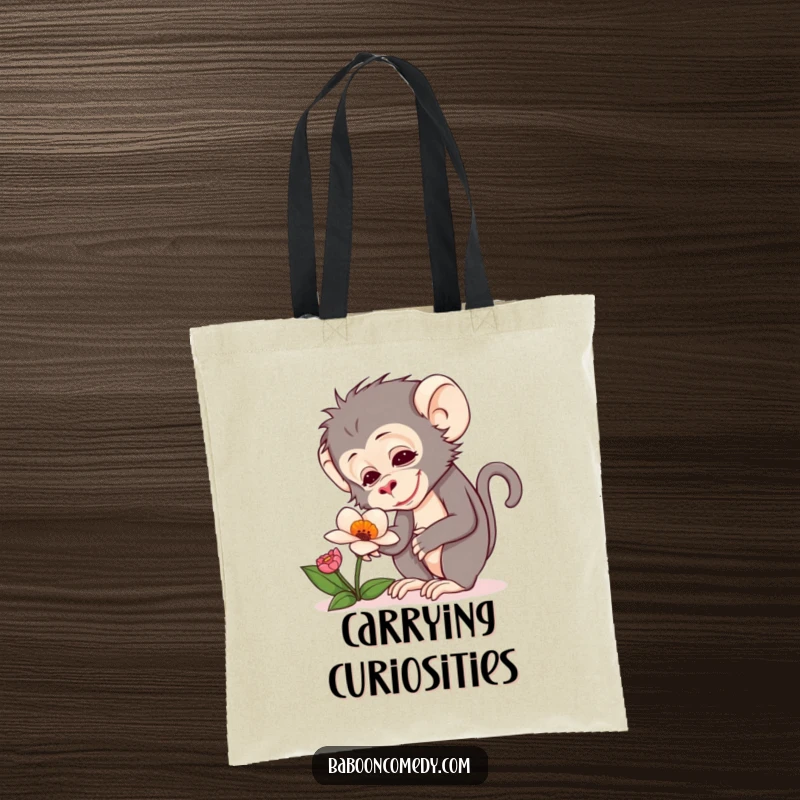 Funny tote bag with a graphic of a baboon showing delight while examining an exotic, strange flower with intense curiosity.