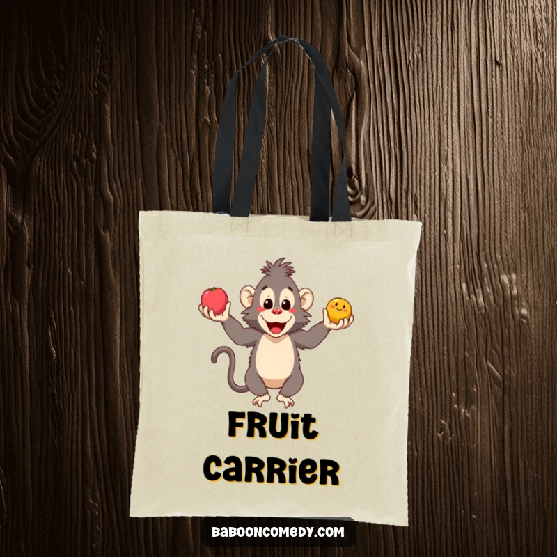 Funny baboon tote bag showing a smiling ape masterfully juggling three assorted fruits, ideal for carrying groceries with a laugh.