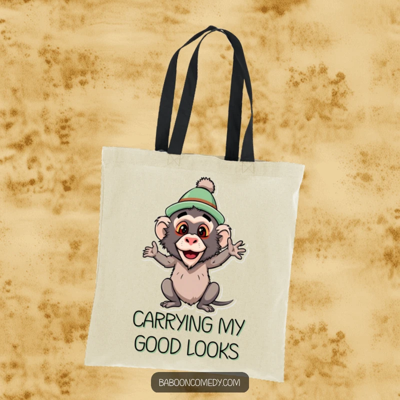 Funny baboon tote bag, a primate wearing a wonderfully silly hat and striking a dramatic, funny pose, perfect for carrying your essentials in style.