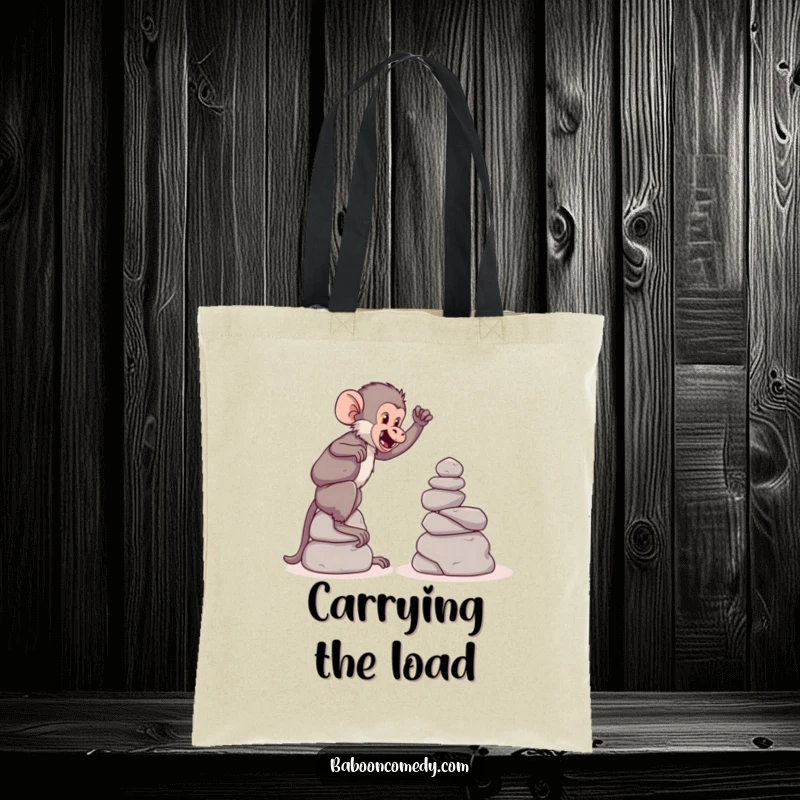 Funny tote bag depicting a playful baboon building an impressive tower from large, round stones, symbolizing effort and fun.