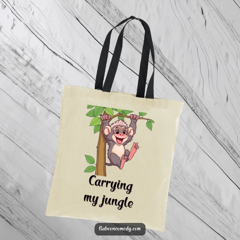 Funny baboon character in mid-swing on a durable tote bag, showcasing jungle adventure. Great for shopping and carrying daily items.