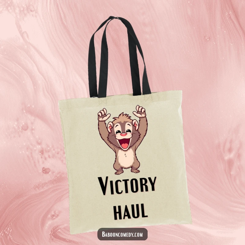 Funny baboon tote bag featuring a jubilant ape cheering with arms raised high, perfect for carrying game day essentials.