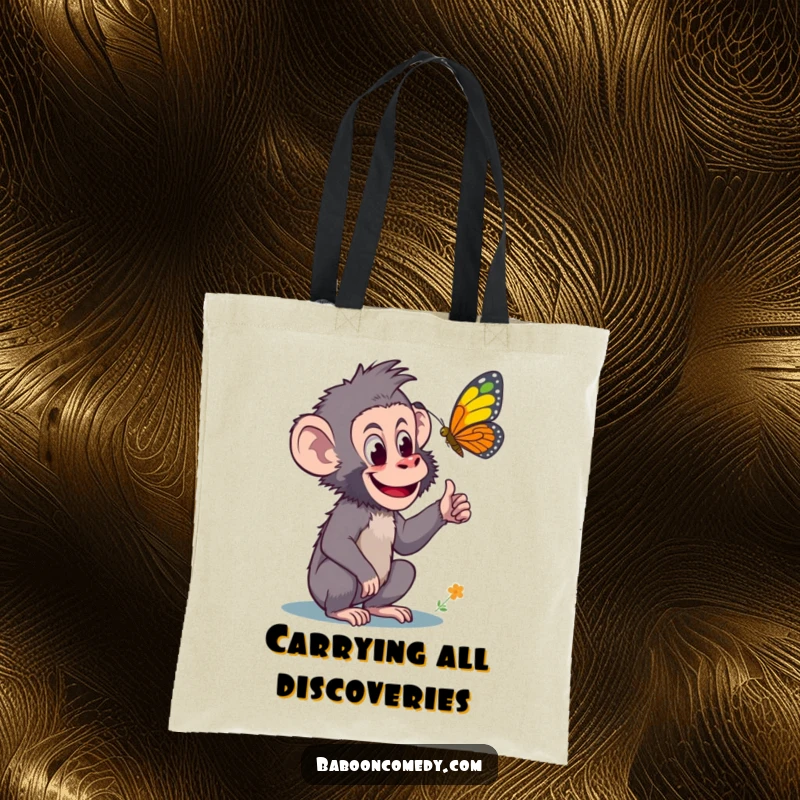 Funny tote bag featuring a curious baboon pointing excitedly at a colorful butterfly, perfect for carrying essentials with a sense of adventure.