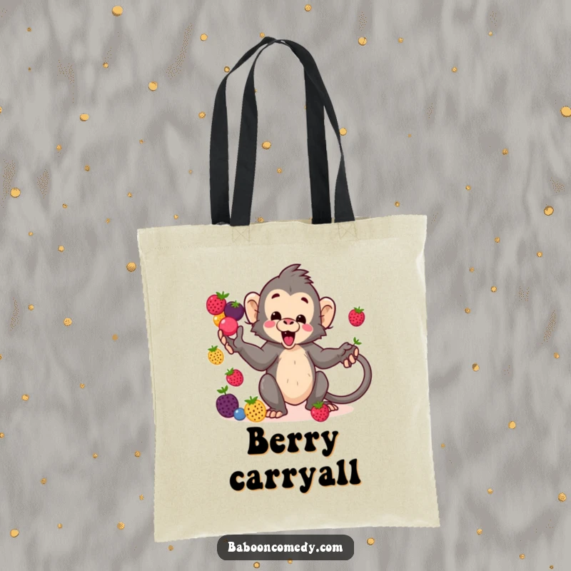 Funny kawaii baboon tote bag, a cheerful primate juggling colorful berries with its tail, perfect for stylish, humorous errands.
