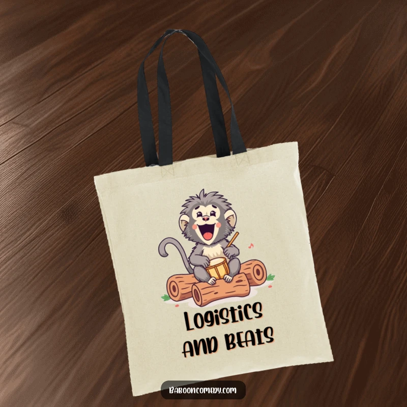 Funny Kawaii baboon tote bag, shown drumming enthusiastically on hollow logs, adding a vibrant, rhythmic, and humorous touch to everyday carry.