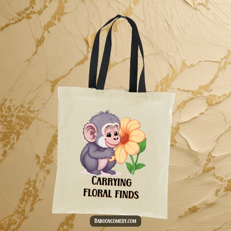 Funny Kawaii baboon tote bag, depicting a curious primate gently examining a large, colorful flower, bringing smiles and natural beauty.
