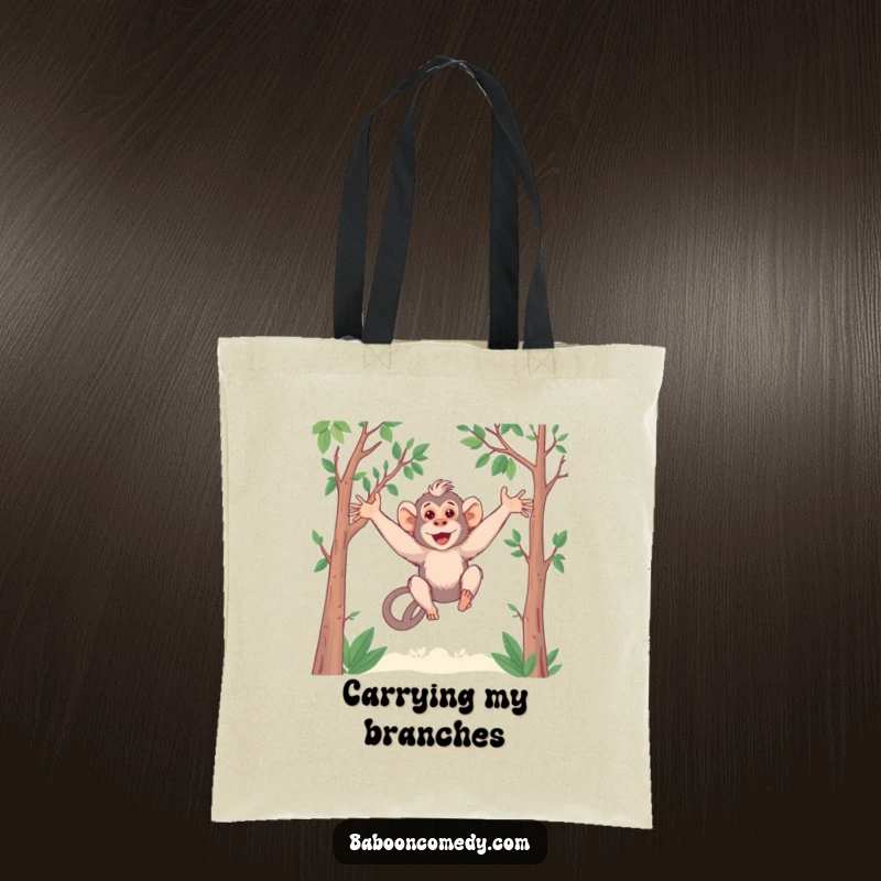 Funny Kawaii Baboon Tote Bag: A cute baboon with long arms swings playfully. Perfect for carrying items with a dose of cute humor.