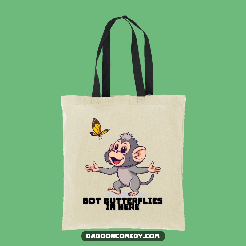 Funny Young Baboon Tote Bag: Playful Primate Butterfly Chase Carry-All