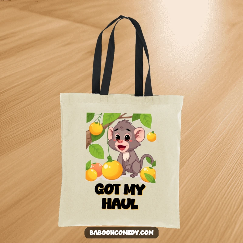 Funny baboon tote bag featuring a surprised character with a falling fruit, perfect for everyday use with humor, a useful funny gift.