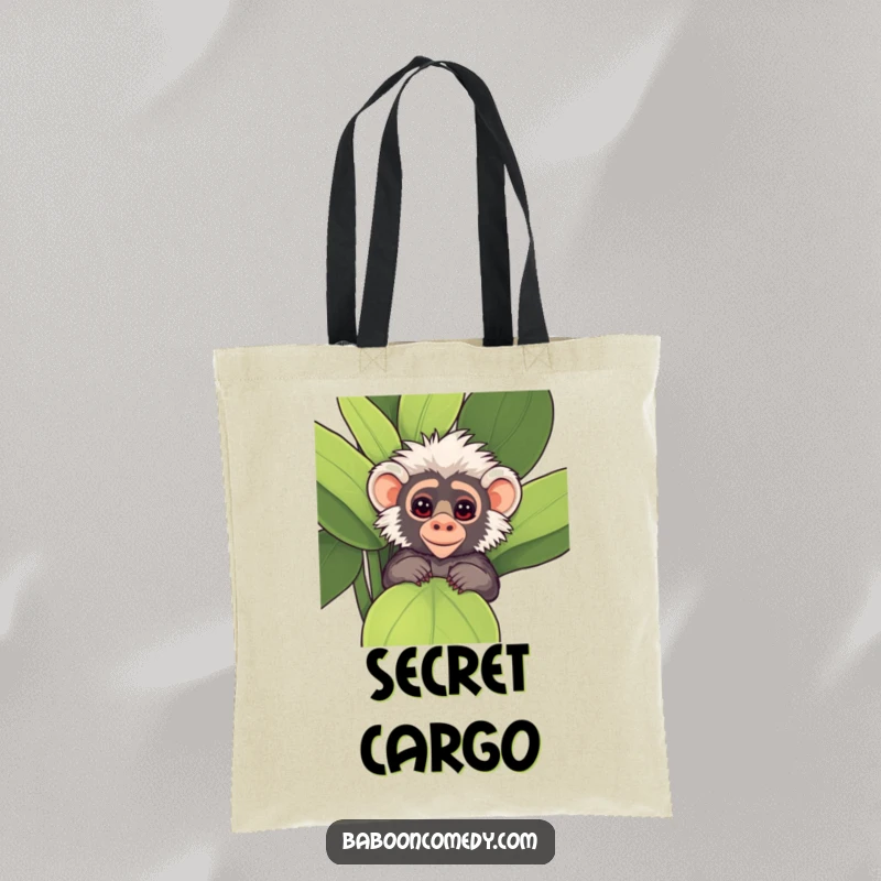 Funny Kawaii Baboon Tote Bag, peeking playfully from behind a large, leafy plant with mischievous, curious eyes.